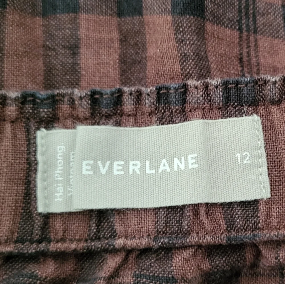 Everlane Linen Brown Black Plaid Button Down Jumpsuit